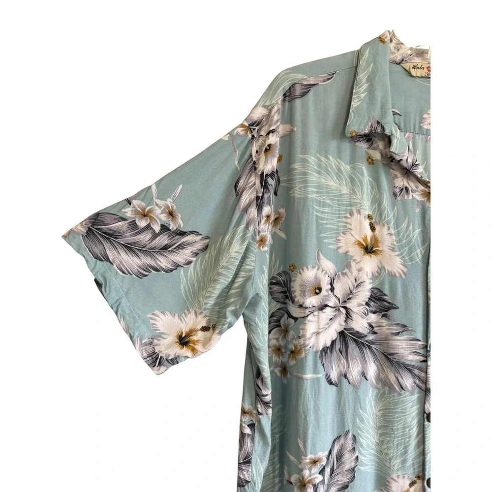 Hula Hula Hawaii‎ Mens Large Blue Floral Rayon Aloha Shirt Coconut Buttons